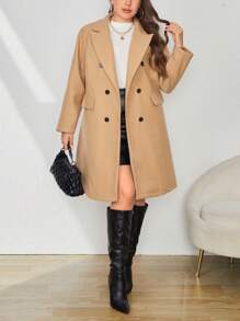 SHEIN Essnce Plus Lapel Neck Double Breasted Overcoat - Khaki - View 1