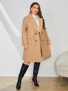 SHEIN Essnce Plus Lapel Neck Double Breasted Overcoat - Khaki - View 3