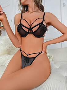 Appliques Mesh Underwire Lingerie Set - Black - View 6