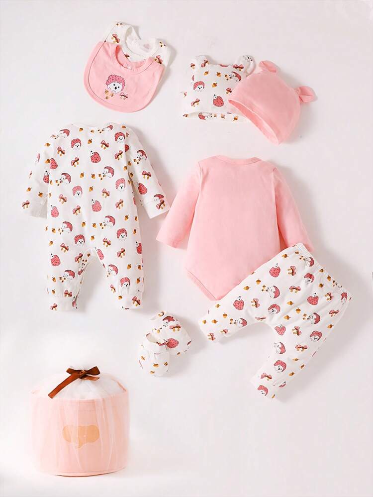 Baby Girl 1pc Cartoon Print Jumpsuit & 1pc Pants & 1pc Bodysuit & 1pc Hat & 1pair Gloves