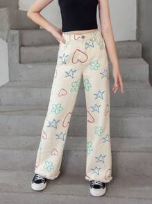 Tween Girl Heart & Star Print Straight Leg Jeans - White - View 3