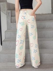 Tween Girl Heart & Star Print Straight Leg Jeans - White - View 2
