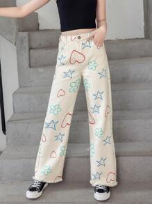 Tween Girl Heart & Star Print Straight Leg Jeans - White - View 4