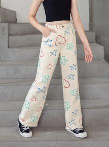 Tween Girl Heart & Star Print Straight Leg Jeans - White - View 5