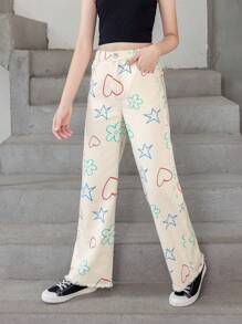 Tween Girl Heart & Star Print Straight Leg Jeans - White - View 6