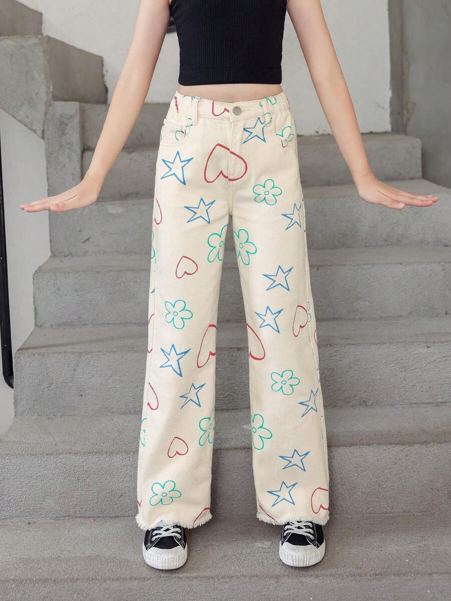 Tween Girl Heart & Star Print Straight Leg Jeans - White - View 1