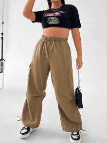 Flirla 大碼側翻蓋口袋工裝褲 - 卡其色 - 查看 4