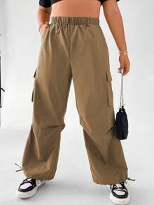 Flirla 大碼側翻蓋口袋工裝褲 - 卡其色 - 查看 8