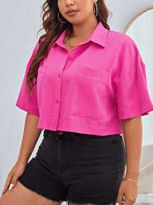SHEIN Essnce 大碼落肩袖口袋貼布襯衫 - 玫紅色 - 查看 5