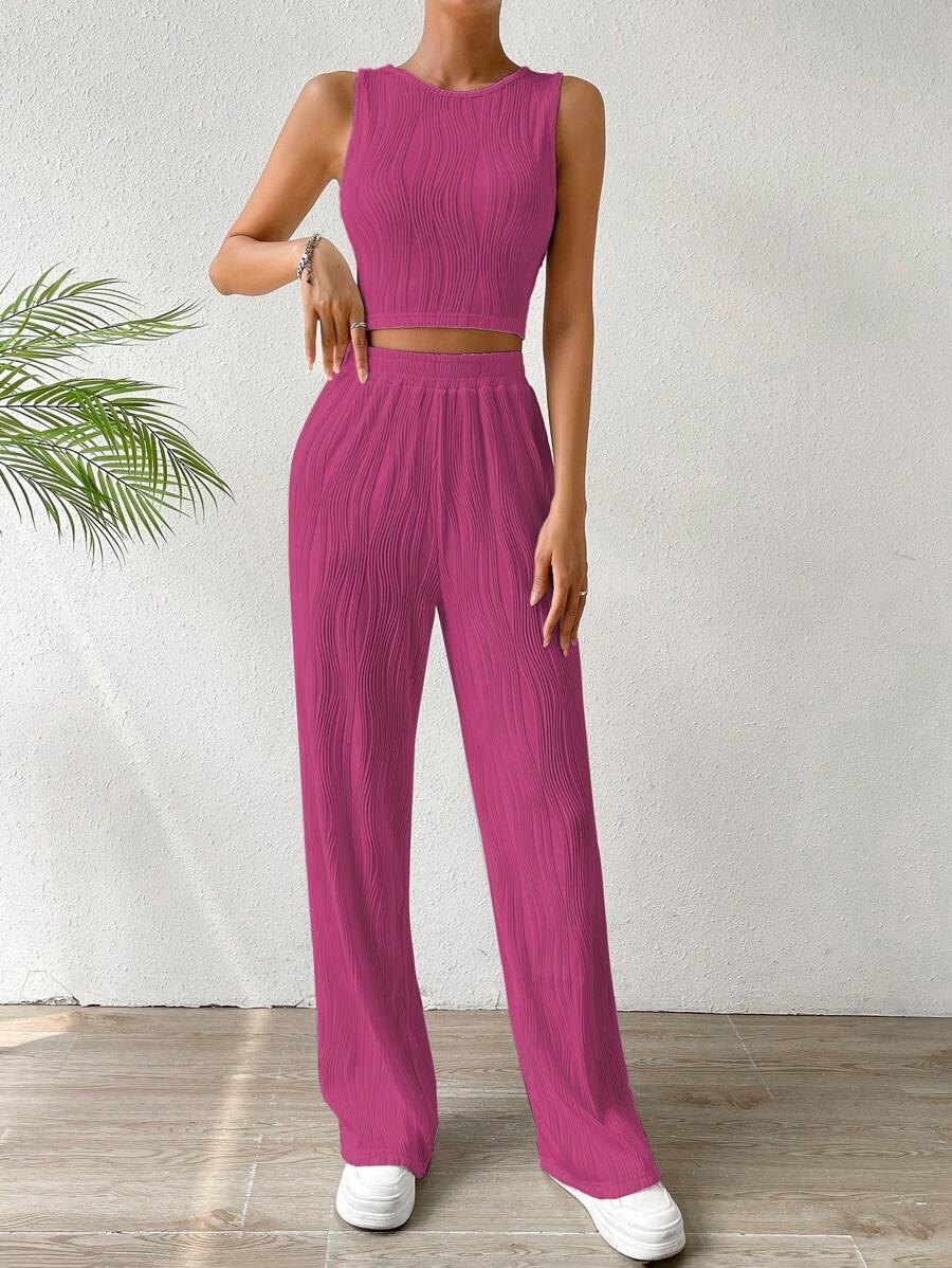 SHEIN Essnce Solid Tank Top & Straight Leg Pants - Hot Pink - View 1