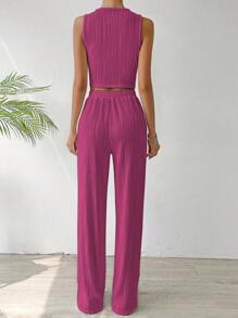 SHEIN Essnce Solid Tank Top & Straight Leg Pants - Hot Pink - View 2