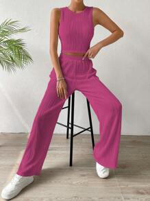 SHEIN Essnce Solid Tank Top & Straight Leg Pants - Hot Pink - View 4