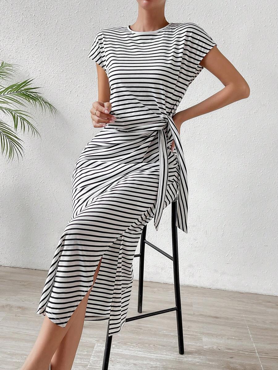 Chiquease Women Striped Waist Knotted Batwing Sleeve Long Dress In Black And White