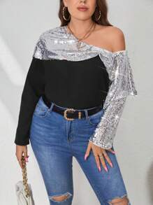 SHEIN Privé 大碼亮片拼接不對稱領襯衫 - 黑色 - 查看 2