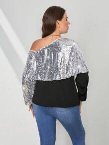 SHEIN Privé 大碼亮片拼接不對稱領襯衫 - 黑色 - 查看 3