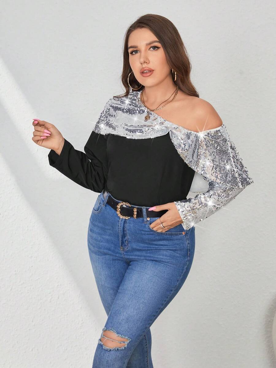 SHEIN Privé 大碼亮片拼接不對稱領襯衫 - 黑色 - 查看 1
