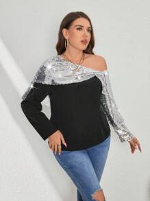 SHEIN Privé 大碼亮片拼接不對稱領襯衫 - 黑色 - 查看 4