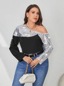 SHEIN Privé 大碼亮片拼接不對稱領襯衫 - 黑色 - 查看 5