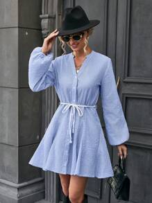 GENKIRA Striped Print Lantern Sleeve Belted Dress - Blue and White - View 3