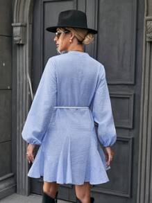 GENKIRA Striped Print Lantern Sleeve Belted Dress - Blue and White - View 4