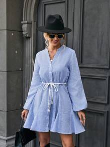 GENKIRA Striped Print Lantern Sleeve Belted Dress - Blue and White - View 5