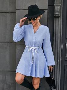 GENKIRA Striped Print Lantern Sleeve Belted Dress - Blue and White - View 6