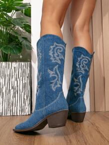 Women's Fashionable Western Boots With Embroidered Detail, Cowboy Boots For Women - Blue - View 2