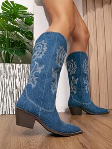 Women's Fashionable Western Boots With Embroidered Detail, Cowboy Boots For Women - Blue - View 4