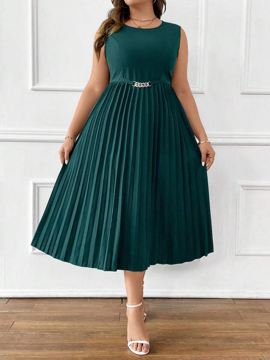 SHEIN Clasi Plus Chain Detail Pleated Hem Dress - Dark Green - View 1
