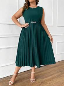 SHEIN Clasi Plus Chain Detail Pleated Hem Dress - Dark Green - View 3