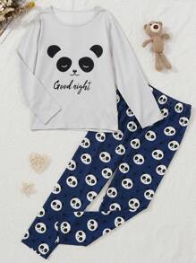 男童熊貓臉印花長袖t卹+熊貓印花長褲睡衣套裝 - 淺灰色 - 查看 1