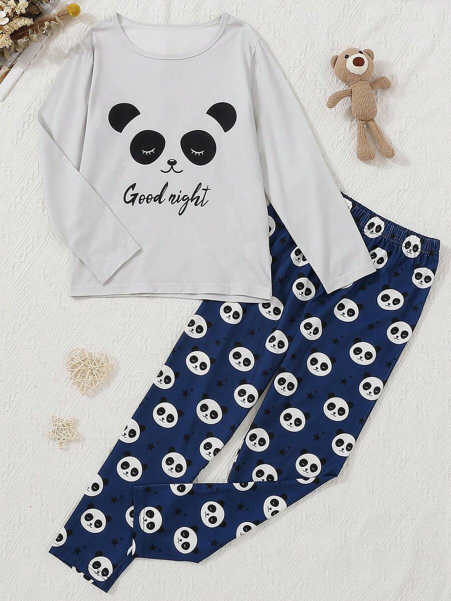 男童熊貓臉印花長袖t卹+熊貓印花長褲睡衣套裝 - 淺灰色 - 查看 1