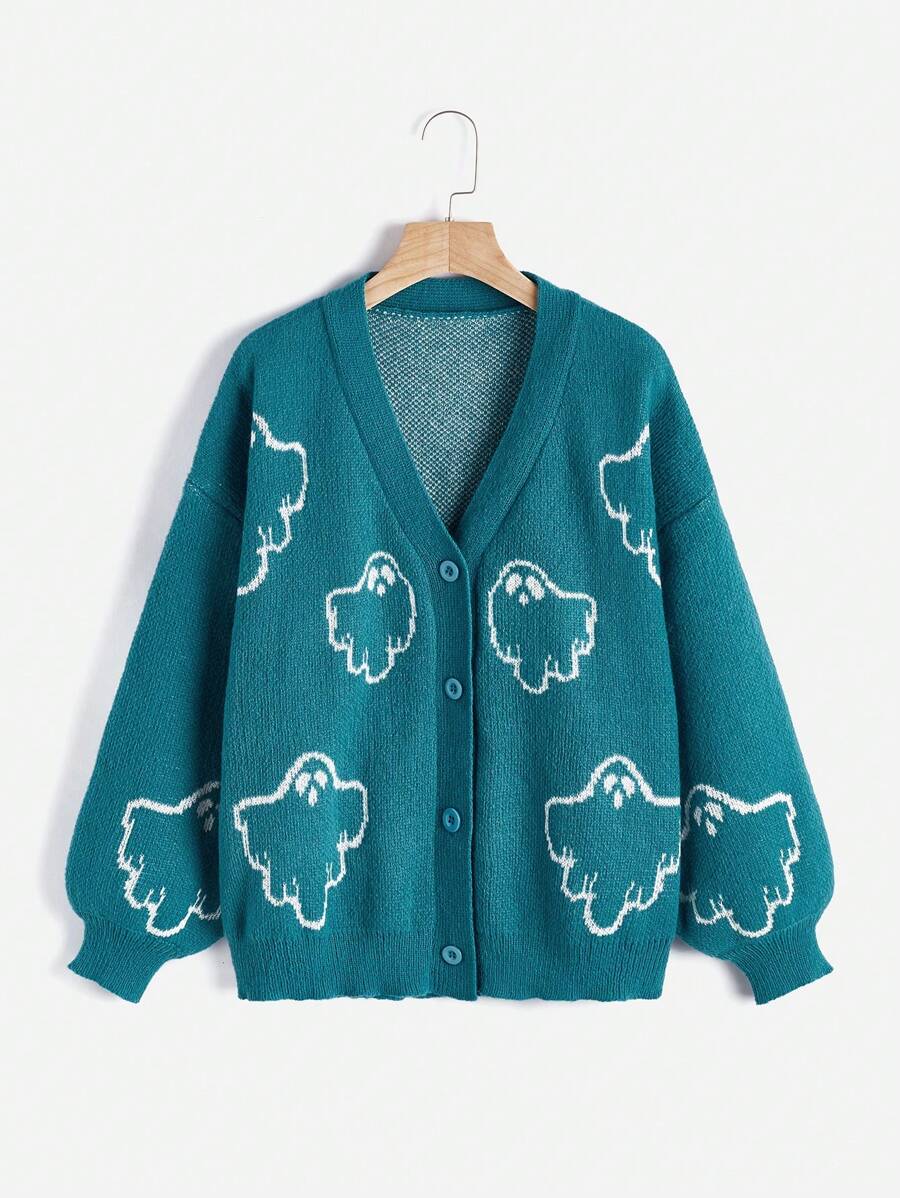 SHEIN Qutie Plus Ghost Pattern Drop Shoulder Cardigan - Blue - View 1
