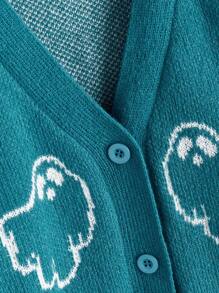 SHEIN Qutie Plus Ghost Pattern Drop Shoulder Cardigan - Blue - View 3