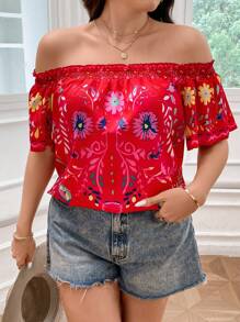 Plus Floral Print Off Shoulder Frill Trim Blouse