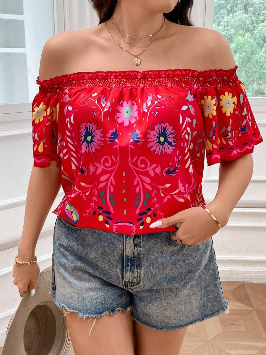 Plus Floral Print Off Shoulder Frill Trim Blouse