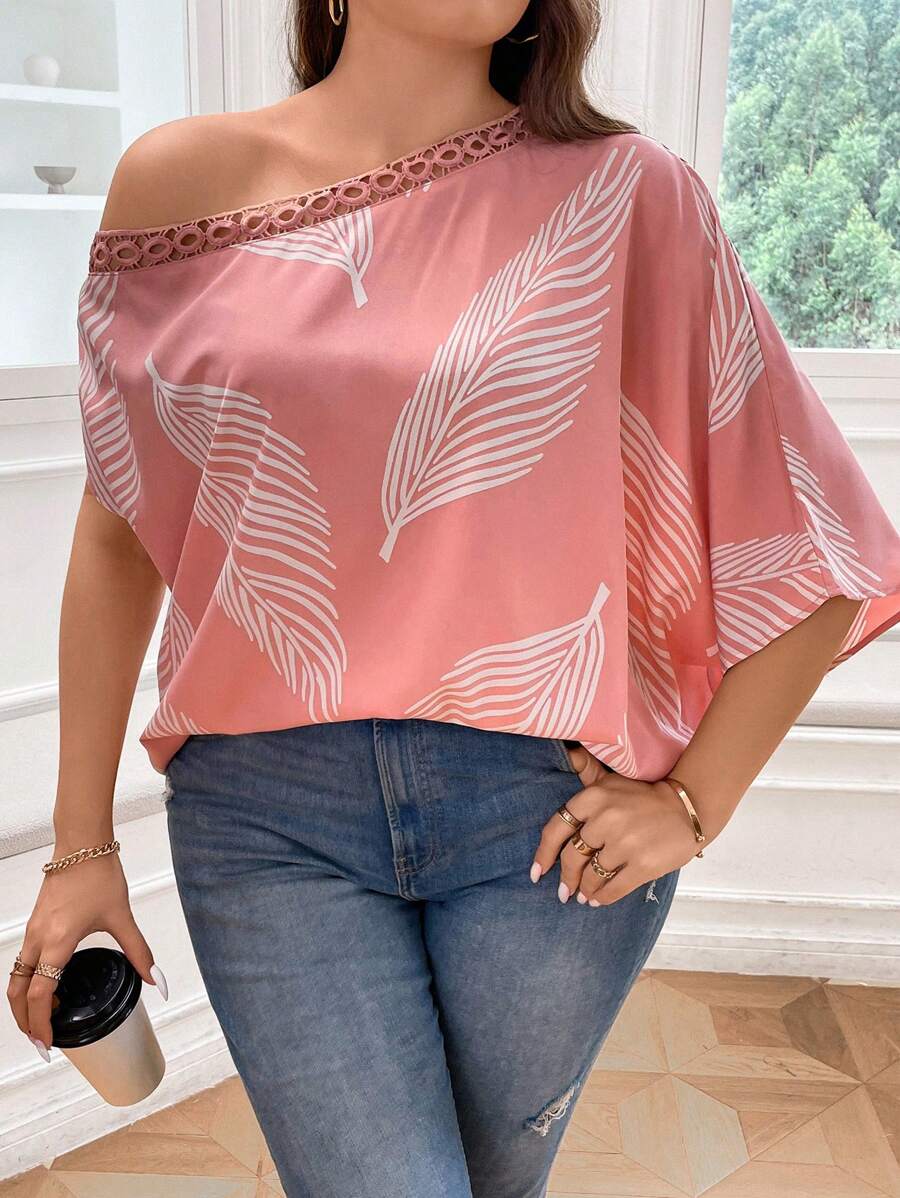 SHEIN LUNE Plus Tropical Print Asymmetrical Neck Batwing Sleeve Blouse - Pink - View 1