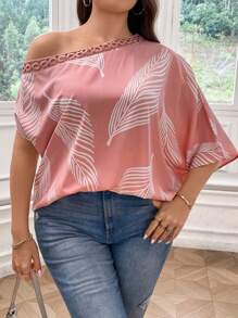 SHEIN LUNE Plus Tropical Print Asymmetrical Neck Batwing Sleeve Blouse - Pink - View 5
