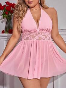 大碼蕾絲拼接網紗吊脖吊帶睡裙附丁字褲 - 粉色 - 查看 3