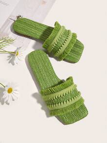 女士們草編織臉部平底涼鞋帶綠色毛球&流蘇配件(隨機長度) - 綠色 - 查看 1