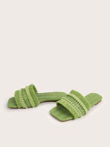 女士們草編織臉部平底涼鞋帶綠色毛球&流蘇配件(隨機長度) - 綠色 - 查看 2