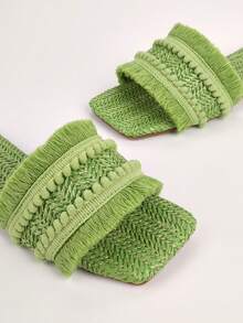 女士們草編織臉部平底涼鞋帶綠色毛球&流蘇配件(隨機長度) - 綠色 - 查看 4