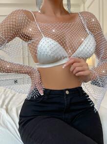 SHEIN Unity 水鑽鉚釘漁網網紗短款上衣不附胸罩 - 白色 - 查看 5