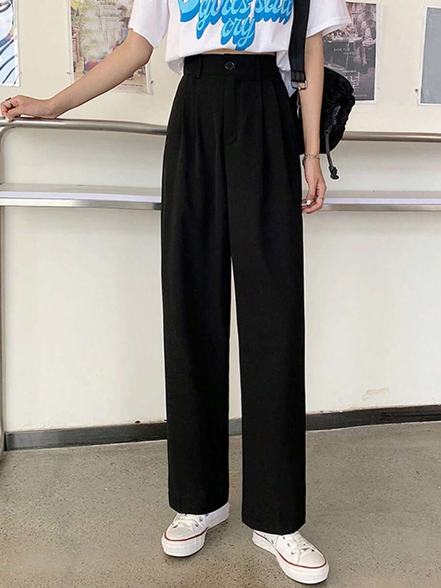 素色高腰直筒西裝褲 - 黑色 - 查看 1