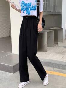 素色高腰直筒西裝褲 - 黑色 - 查看 3