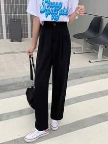 素色高腰直筒西裝褲 - 黑色 - 查看 4