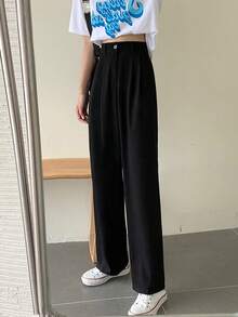 素色高腰直筒西裝褲 - 黑色 - 查看 6