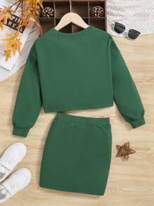 SHEIN Tween Girls' Sporty Casual Knitted Embroidered Sweatshirt And Skirt Set