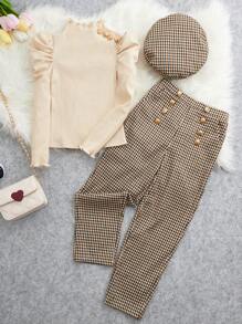 SHEIN Tween Girl Ruffle Trim Tee & Gingham Print Trousers & Hat - Multicolor - View 2