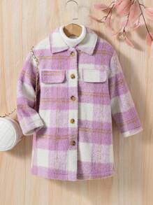SHEIN Young Girl Plaid Print Flap Detail Button Front Overcoat Without Sweater - Multicolor - View 6